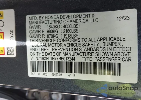 2024 Honda Civic Ex-L из США, поврежденный, VIN 19XFL1H77RE013244